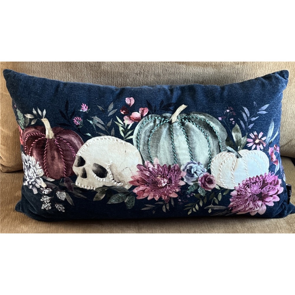 Cynthia Rowley Curious Halloween Skull Velvet Floral Autumn Pillow 24' x 13'